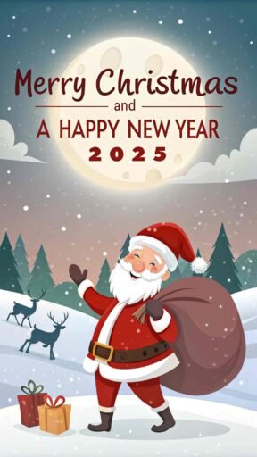 A cheerful "merry christmas and happy new year 2025 image" featuring Santa, reindeer, and bold festive text.