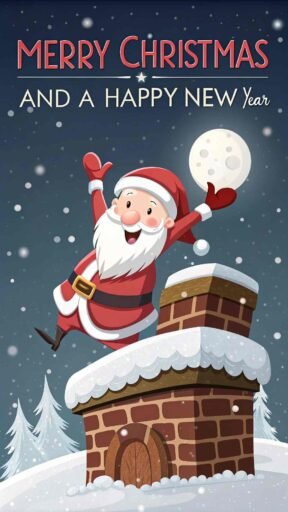 A playful image of Merry Christmas and a Happy New Year with Santa waving near a snow-covered chimney.