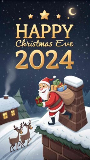 Santa on a snowy roof with glowing golden "Happy Christmas Eve 2024" above.