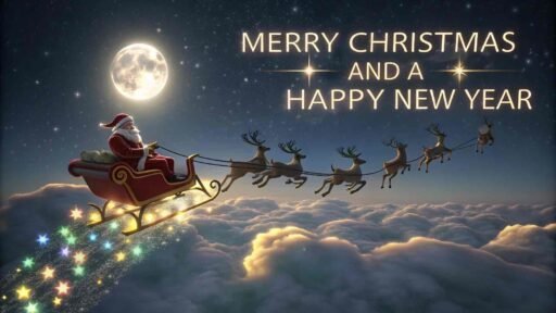 A picture of merry christmas and happy new year with Santa and his sleigh. The text "Merry Christmas and A Happy New Year" is big and clear.