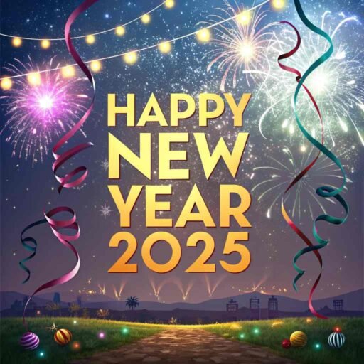 A streamer-and-sparkle-themed happy new year 2025 free image with bold glowing text.