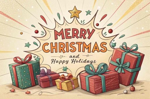 A vibrant "merry christmas and happy holidays image" featuring gift boxes and clear text.