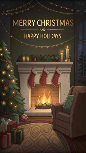 A cozy "merry christmas and happy holidays image" with a fireplace scene and bold holiday text.