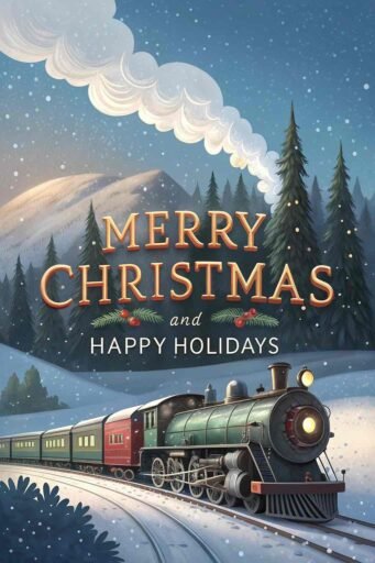 A festive "merry christmas and happy holidays image" featuring a snowy train scene with bold text.