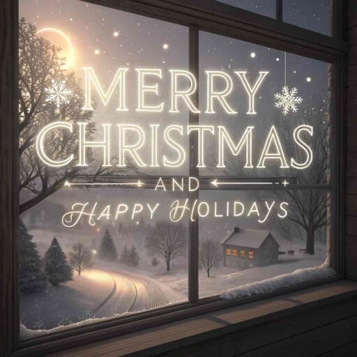 A cozy "merry christmas and happy holidays image" featuring a frosted window and clear holiday text.