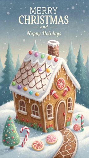 A sweet "merry christmas and happy holidays image" featuring a gingerbread house and colorful holiday text.