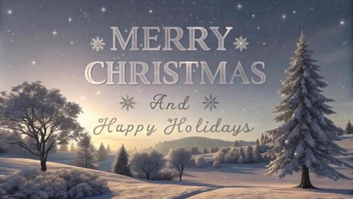 A tranquil "merry christmas and happy holidays image" with a snowy scene and bold holiday text.