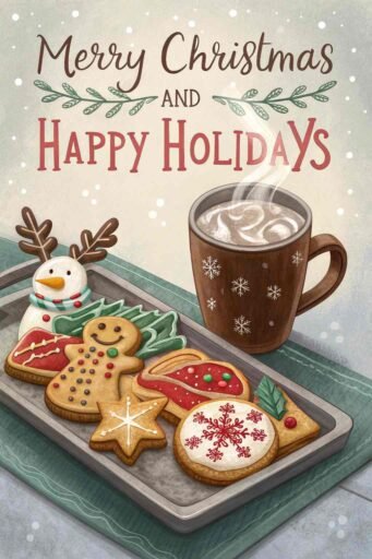 A cozy "merry christmas and happy holidays image" featuring cookies, cocoa, and bold text.