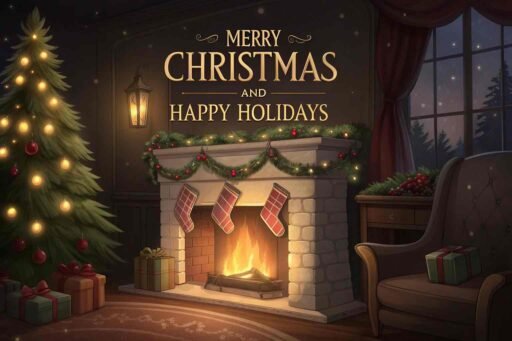 A cozy "merry christmas and happy holidays image" with a festive fireplace and bold holiday text.