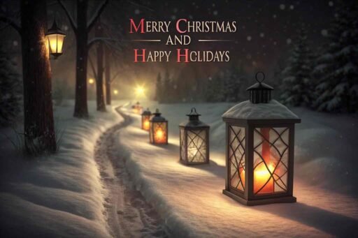 A warm "merry christmas and happy holidays image" featuring lanterns, candles, and holiday text.