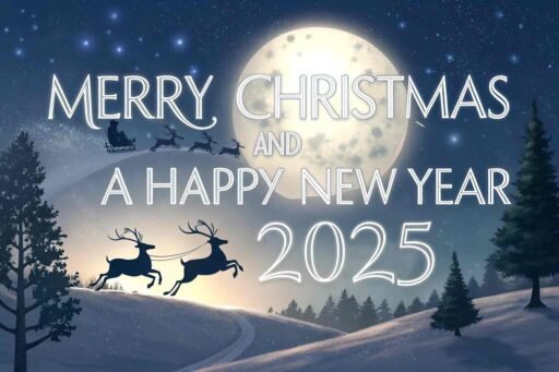 A magical "merry christmas and happy new year 2025 image" with reindeer and glowing moonlight.