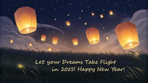 Inspiring "happy new year 2025 hd image with quote" featuring symbolic sky lanterns.