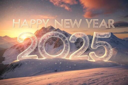 A scenic "happy new years eve 2025 image" with snowy peaks and bold "HAPPY NEW YEAR 2025" text reflecting the morning glow.
