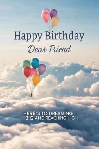 Celebrate with images of happy birthday dear friend, floating on a cloud of joy and fun birthday balloons.