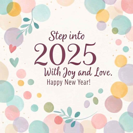 A happy new year 2025 wish image with quote featuring pastel confetti and a cheerful greeting.