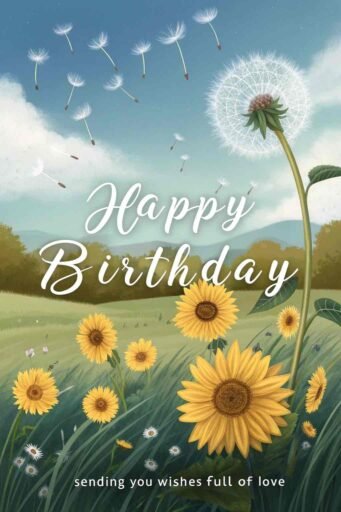This breezy and lighthearted design with sunflowers and dandelions creates a magical happy birthday mom image with sunflowers, symbolizing wishes sent on the wind.