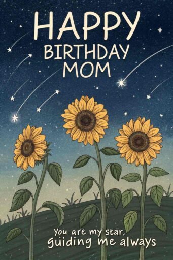 A celestial-themed happy birthday mom image with sunflowers that pairs the beauty of stars with the warmth of sunflowers, creating a magical birthday greeting.