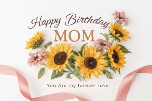 A delicate design featuring sunflowers and a pink ribbon, perfect for a warm and loving happy birthday mom image with sunflowers.