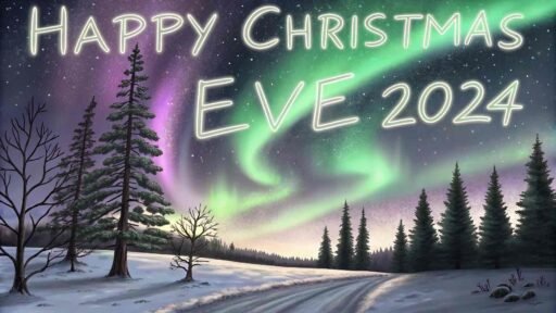 Northern lights with a glowing "Happy Christmas Eve 2024" text in the sky.