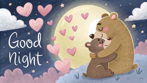 A good night cute image of bears cuddling under the soft glow of the moon, creating a cozy atmosphere.