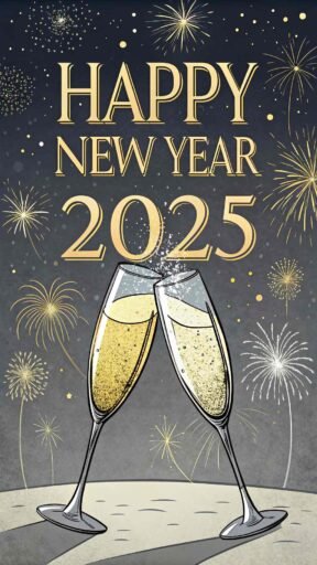 A "happy new year 2025 pic" capturing a celebratory champagne toast with bold new year text.