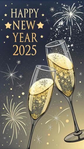 Picture of happy new year 2025 with champagne glasses and bold golden text.