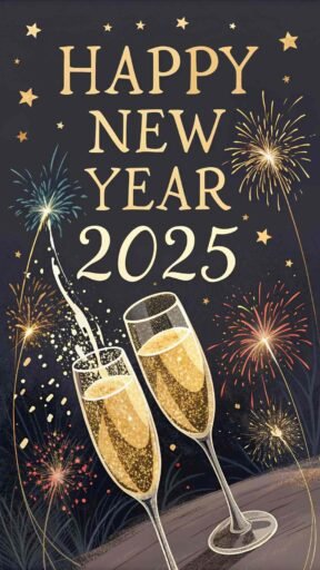 A champagne toast-themed happy new year 2025 free image with luxurious golden text.