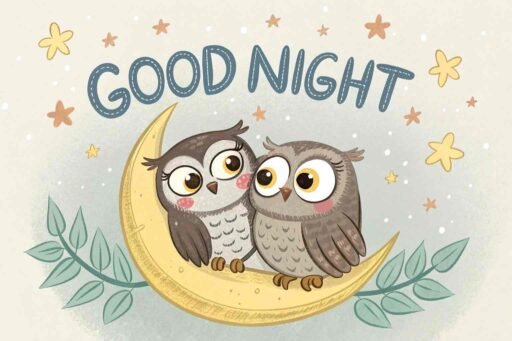A good night cute image with adorable owls creating a peaceful, celestial vibe.