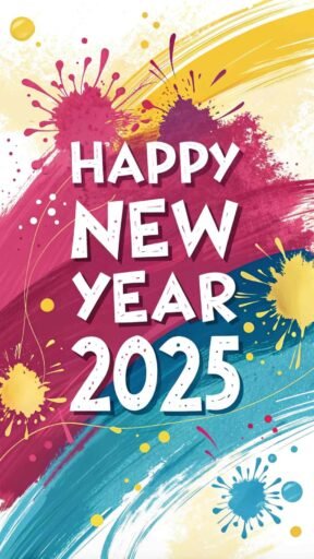 A colorful abstract art-themed happy new year 2025 free image with eye-catching bold text.