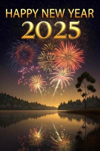 Picture of happy new year 2025 with bold text and a stunning firework reflection.