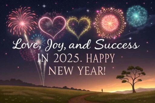 A happy new year 2025 wish image with quote showcasing heart-shaped fireworks and a loving New Year greeting.