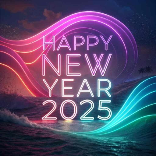 A neon wave-themed happy new year 2025 free image with glowing bold text.