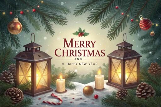 A cozy image of Merry Christmas and a Happy New Year featuring glowing lanterns surrounded by holiday greenery and ornaments.